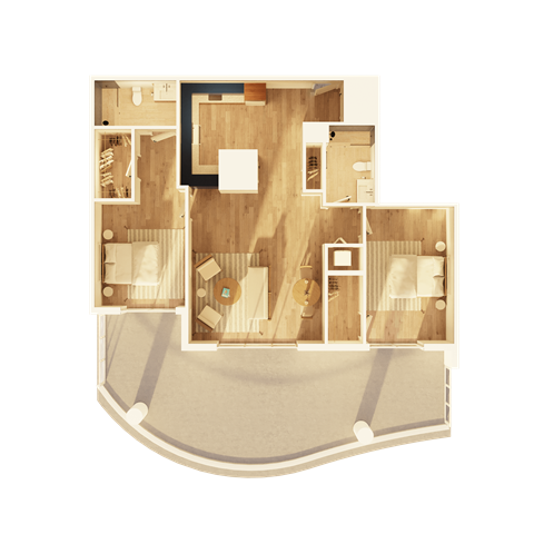 A 3D floor plan of a house with a living room, kitchen, and two bedrooms.