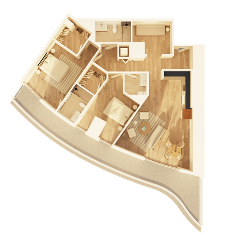 A 3D rendered image of a house layout.
