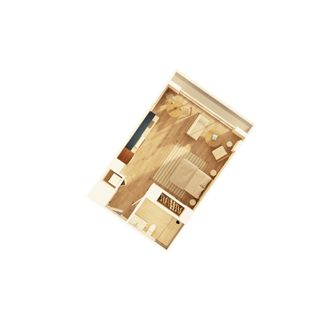 A top-down view of a house with a kitchen, living room, and bathroom.