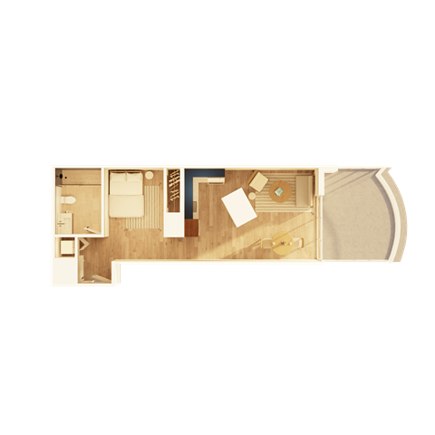 A floor plan of a room with a bed, desk, and chair.