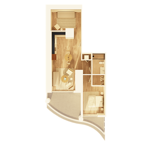 A floor plan of a room with a bed, a desk, and a chair.