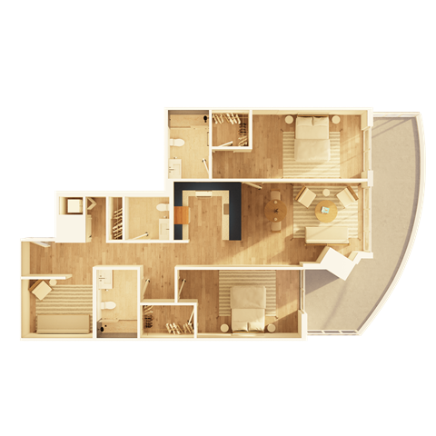 A detailed 3D floor plan of a house layout.