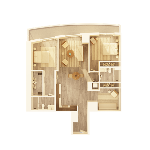 A floor plan of a house with a central hallway leading to all rooms.