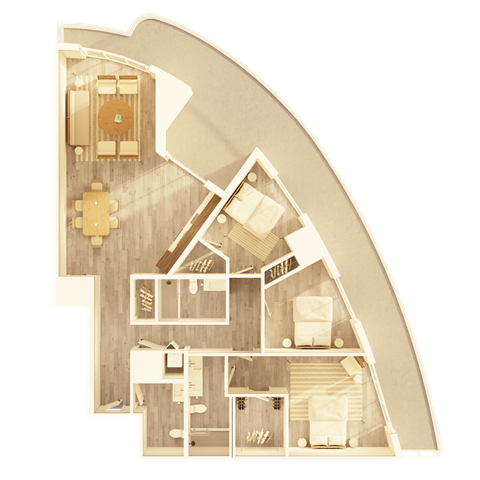 A detailed 3D floor plan of a house layout.