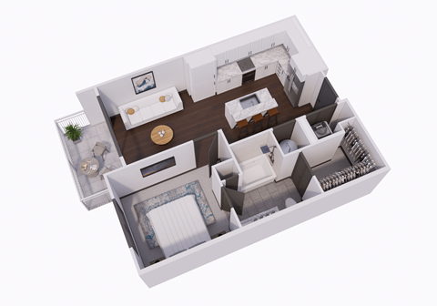 a 3d floor plan of a house with a bedroom and a living room