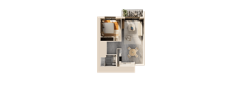 A dollhouse with a grey and white color scheme and a brown door.