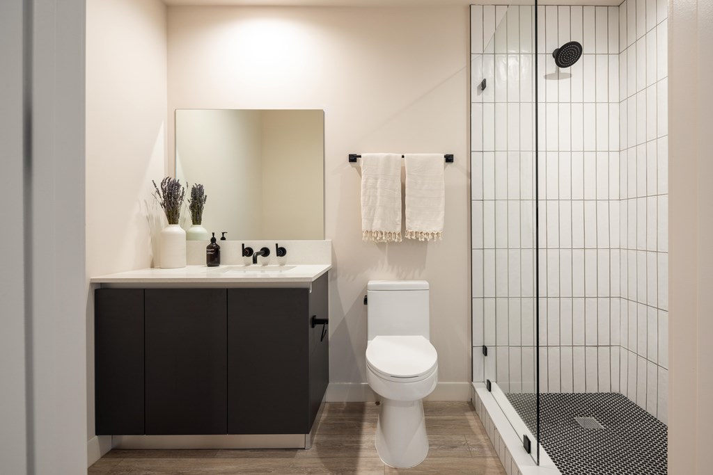 A white toilet sits in a bathroom with a black cabinet and a white sink.