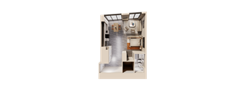 A top-down view of a modern kitchen and living room.