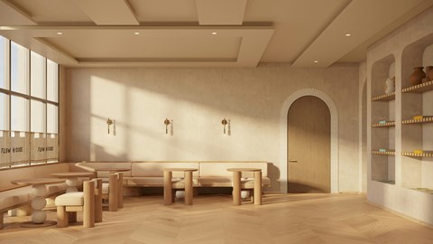 A modern living room with a large window and a wooden floor.