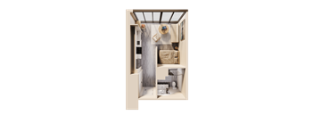 a rendering of a bedroom with a bathroom and a living room