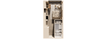 a 3d rendering of a bedroom with a bed and a bathroom