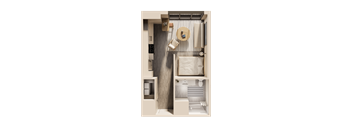 a rendering of a bedroom with a bed and a bathroom