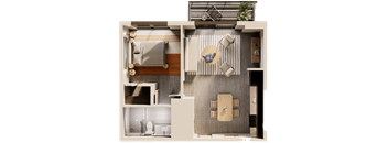 A modern, minimalist interior design of a small apartment with a kitchen, living room, and bathroom.
