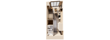 A modern, minimalist interior design of a small apartment with a skylight.