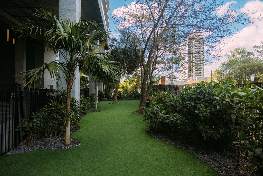 a lush green walkway in front of a building with palm trees