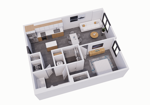a 3d floor plan of a home with a bedroom and a living room