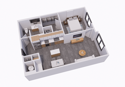 a 3d floor plan of a home with a bedroom and a living room