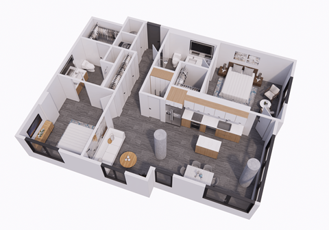 a 3d floor plan of a home with a bedroom and a living room