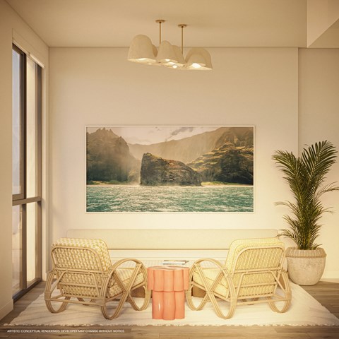 Two wicker chairs are placed on a white rug in front of a painting of a mountain landscape.