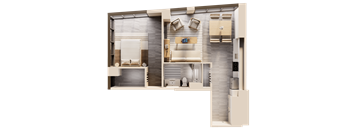 A 3D rendered image of a modern apartment layout.