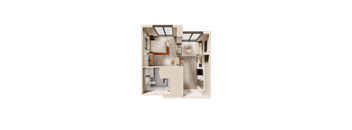 A split image of a room with a bed and a kitchen area.