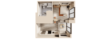 A modern apartment with a kitchen, living room, and bathroom.