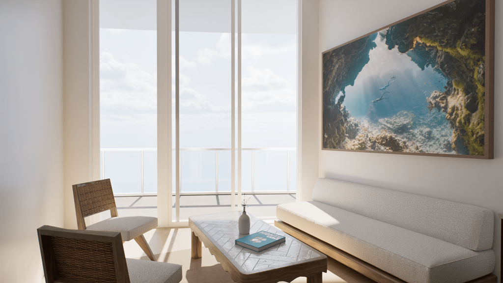 A living room with a couch, a table, and a painting of a blue cave.