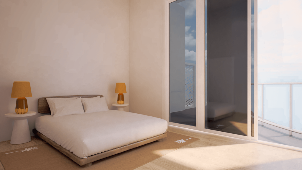 A bedroom with a bed, two lamps, and a large window.