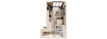 A modern interior design of a house with a staircase leading to the upper floor.