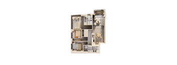 A 3D rendered image of a modern apartment layout.