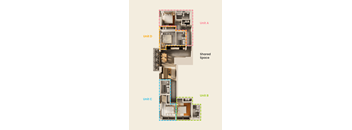 A diagram shows the layout of four units in a building with a shared space in the middle.