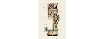 A diagram shows four units in a building with a shared space in the middle.