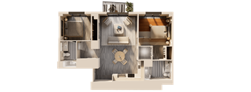 A cutaway view of a modern apartment layout.