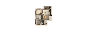 A 3D floor plan of a small apartment with a kitchen, living room, and bathroom.