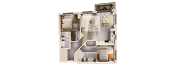 A detailed 3D floor plan of a small apartment with a kitchen, living room, and bathroom.