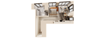 A modern interior space with a staircase leading to the upper level.