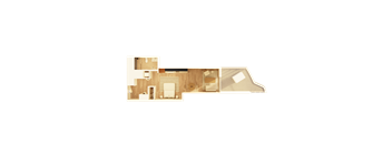 A floor plan of a house with a kitchen, living room, and two bedrooms.