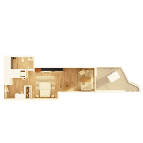 A floor plan of a house with a kitchen, living room, and two bedrooms.