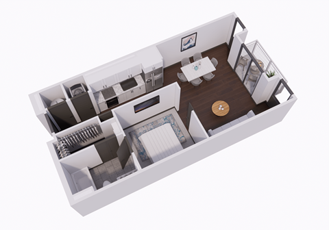 a 3d floor plan of a home with a bedroom and a living room