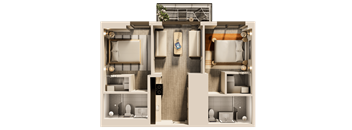 A 3D rendered image of a house layout.