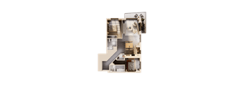 A top-down view of a house layout with a living room, kitchen, and bedrooms.