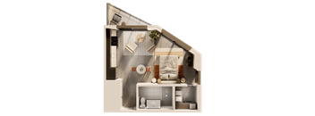 a rendering of a bedroom with a bed and a bathroom
