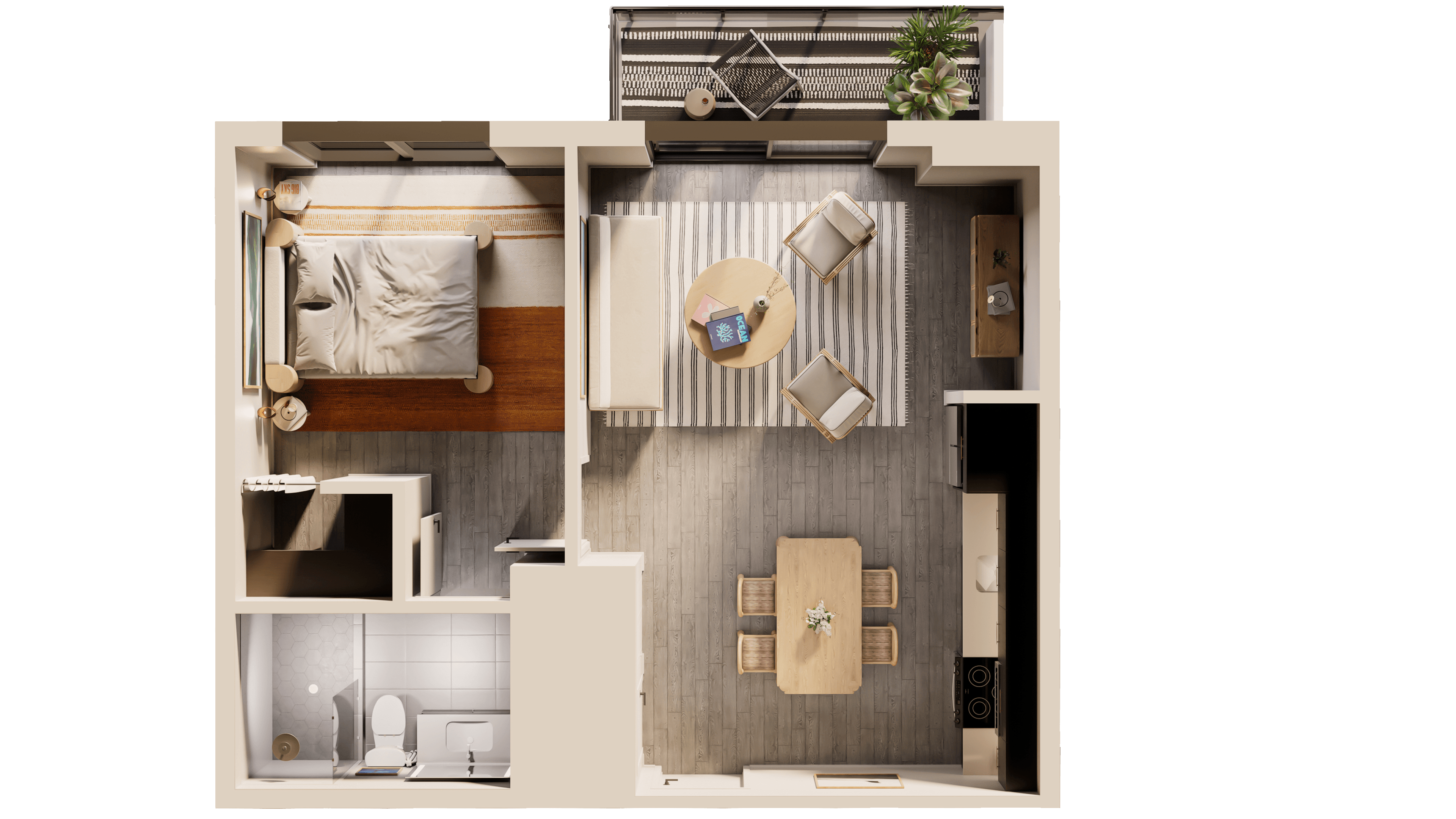 a 3d rendering of a bedroom with a bathroom and a living room