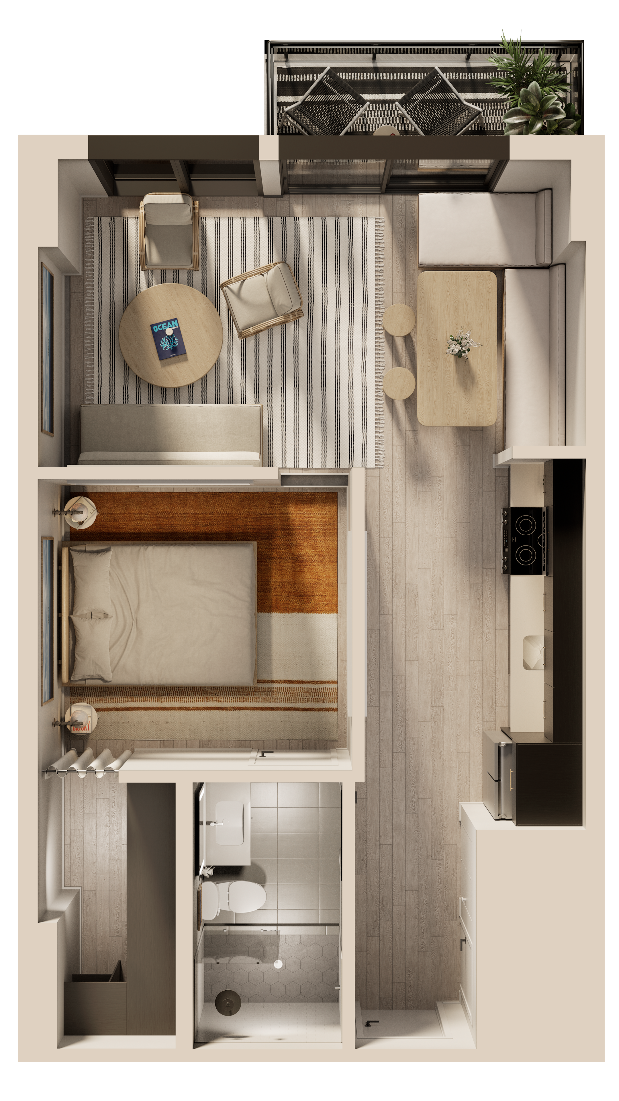 a 3d rendering of a bedroom with a bed and a bathroom