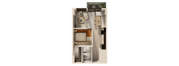a 3d rendering of a bedroom with a bed and a bathroom