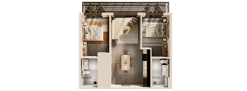 a 3d floor plan of a hotel room