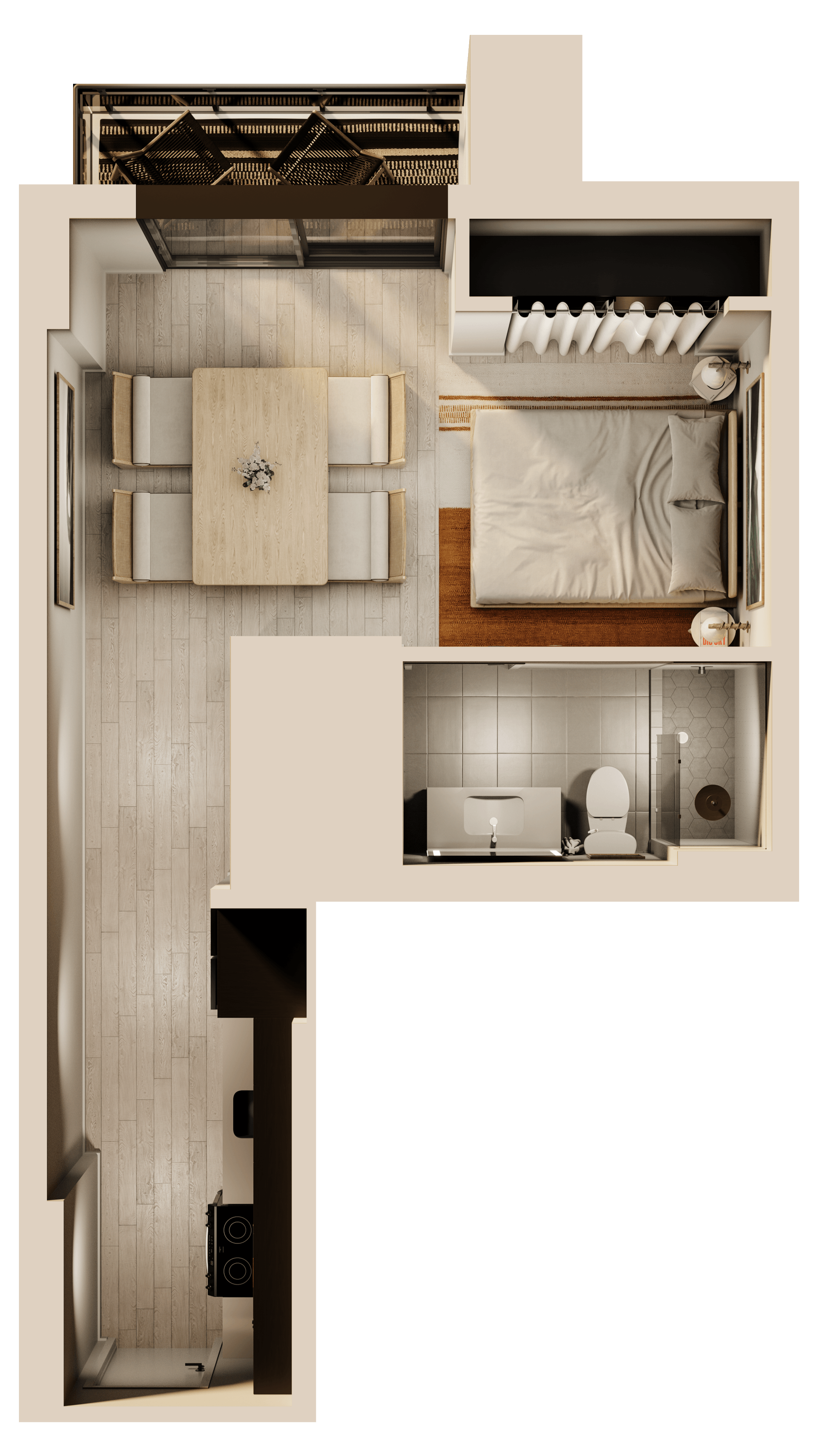 a 3d rendering of a bedroom with a bathroom and a living room