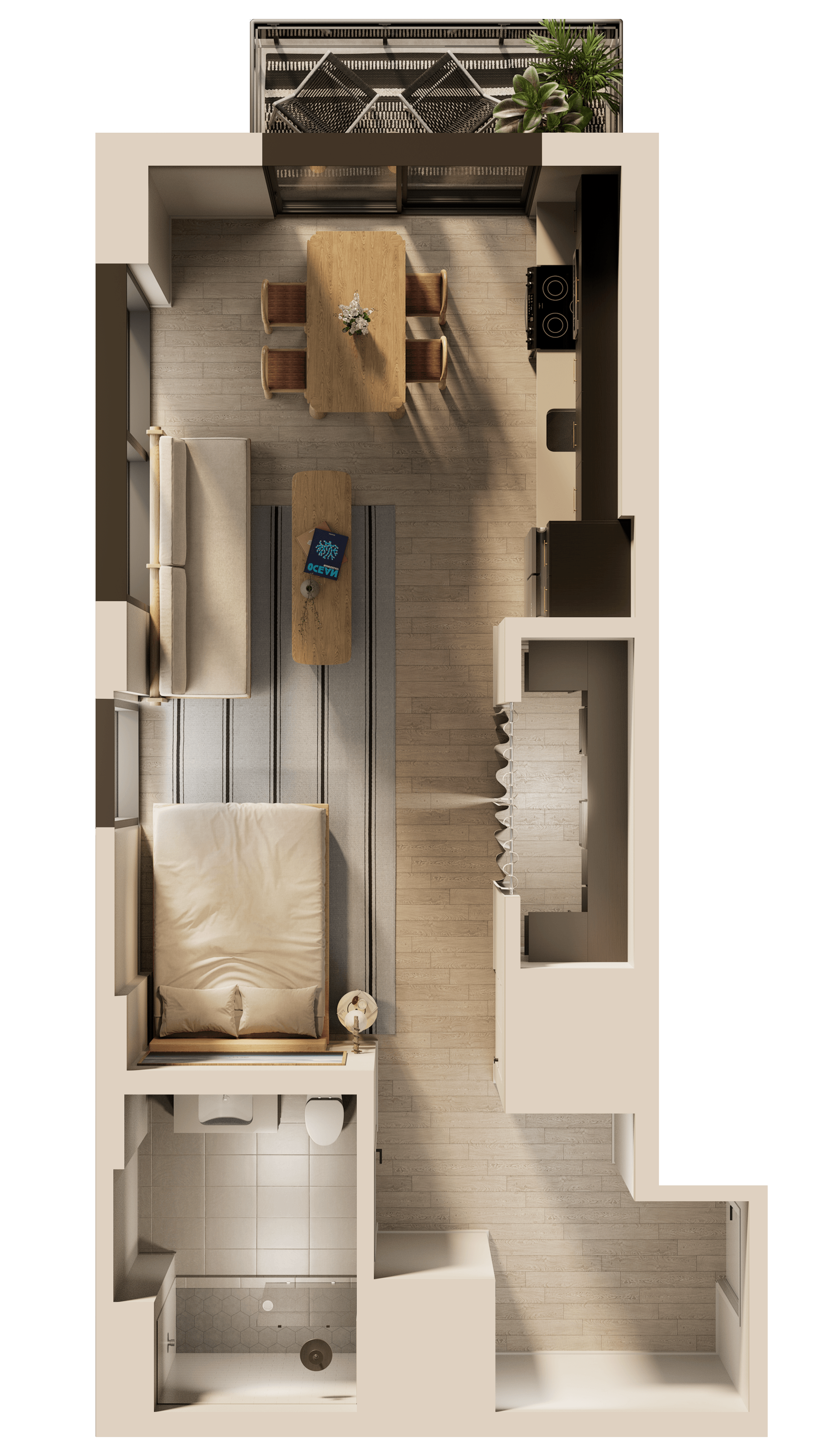 a 3d rendering of a bedroom with a bathroom and a living room