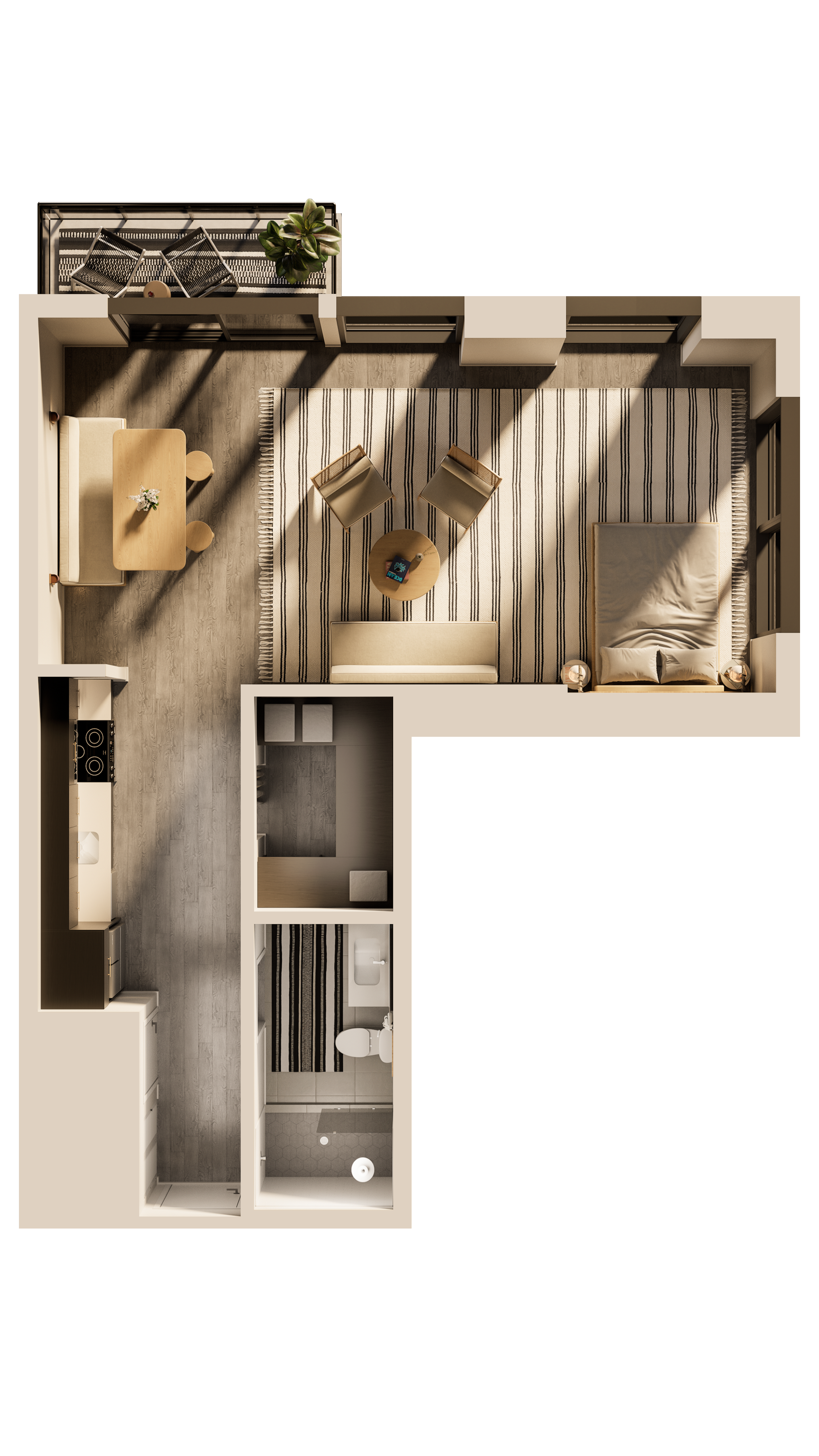 a rendering of a bedroom with a bathroom and a living room