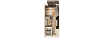 A modern, minimalist interior design layout with a focus on a central living area.